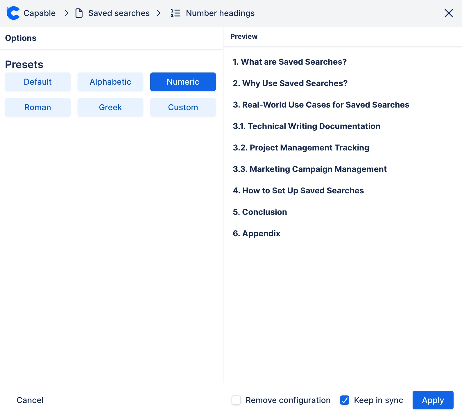 Numeric numbered headings in Confluence