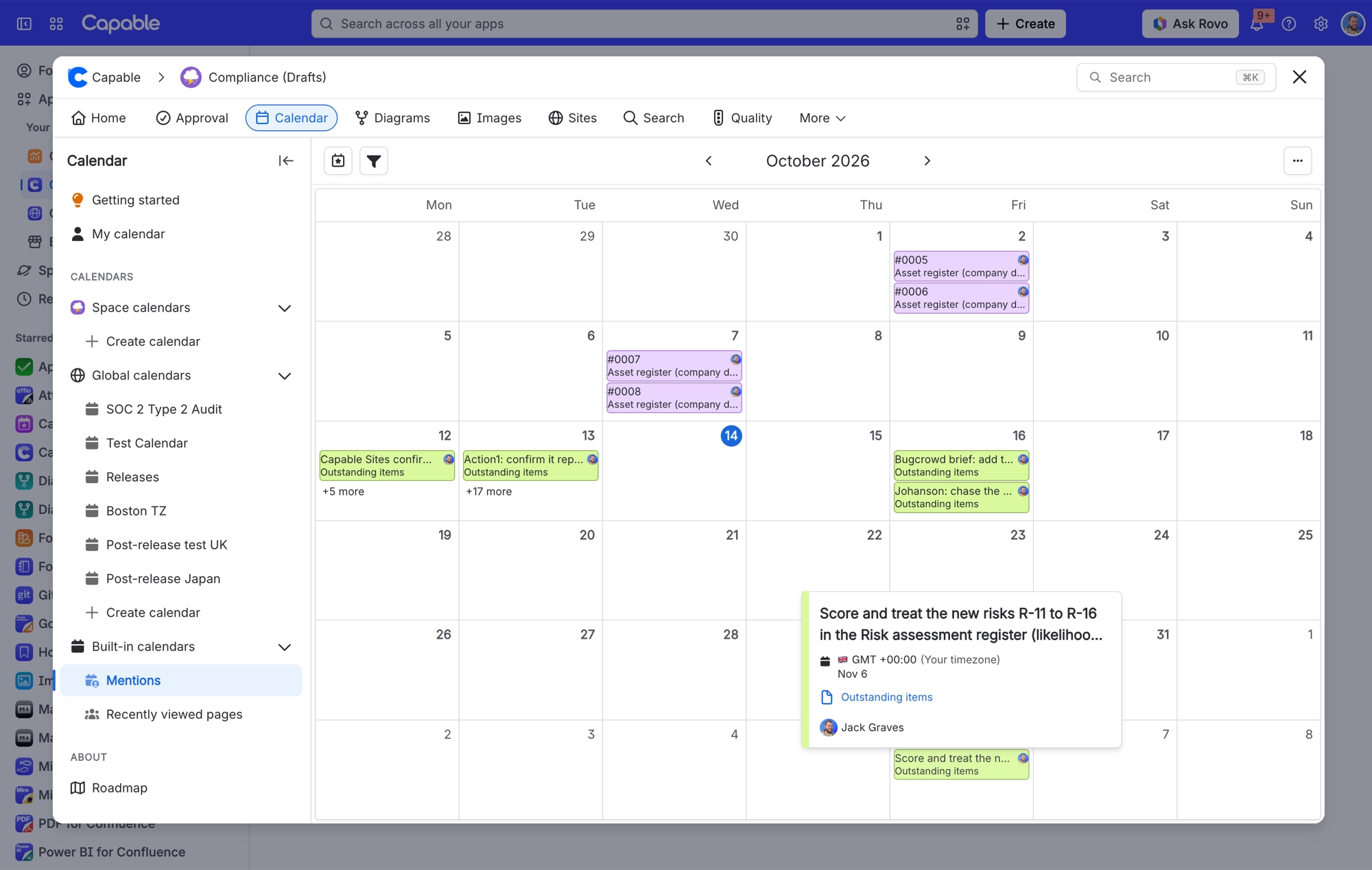 Calendar page with Mentions selected under Built in calendars, showing a month view and an event popover with its date and source page