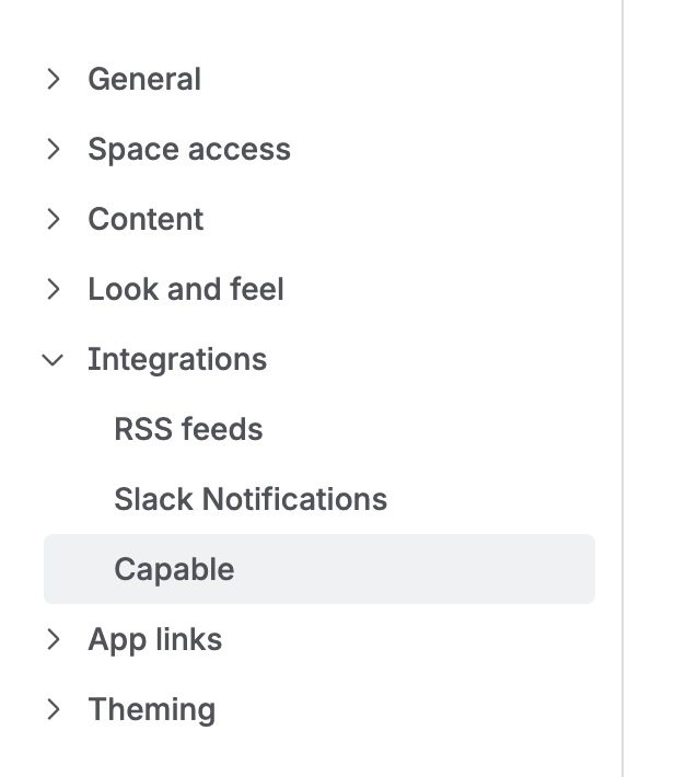 The space settings navigation with the Integrations section expanded and Capable selected below RSS feeds and Slack Notifications.
