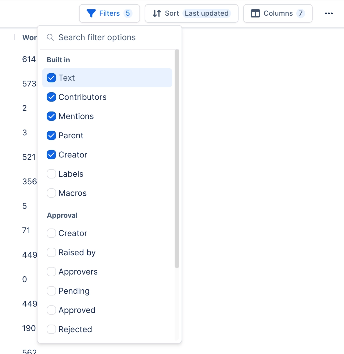 The filter picker open below the Filters button, with a Built in group listing Text, Contributors, Mentions, Parent, Creator, Labels and Macros, several ticked, and an Approval group listing Creator, 