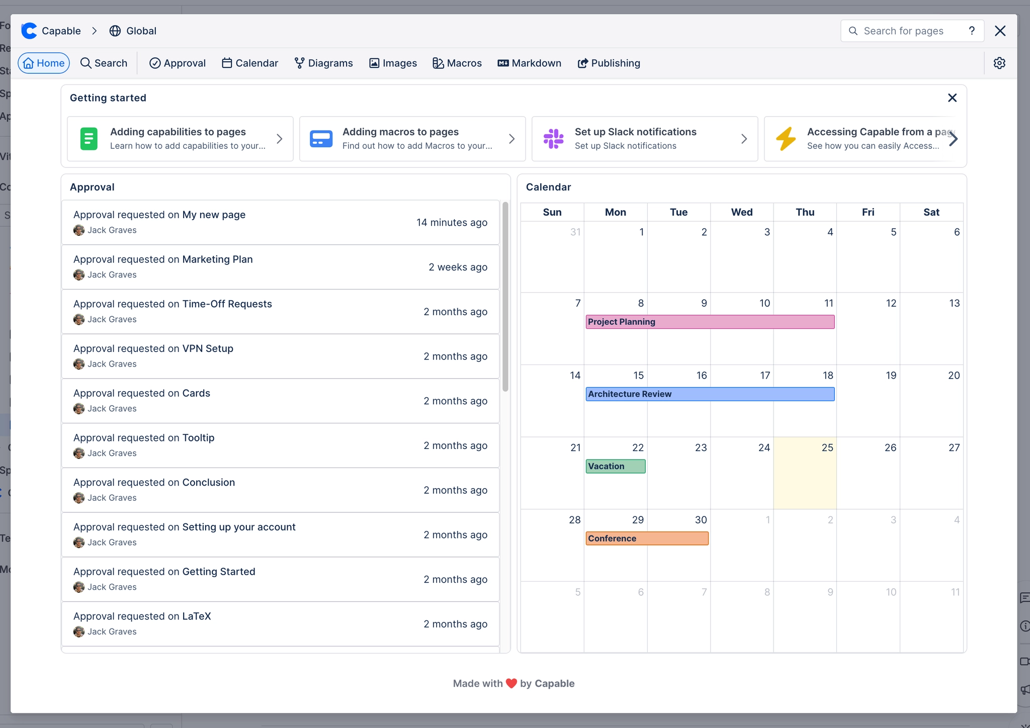 The Capable dashboard open over a Confluence page, with a getting started strip, a list of recent approval requests and a month calendar.