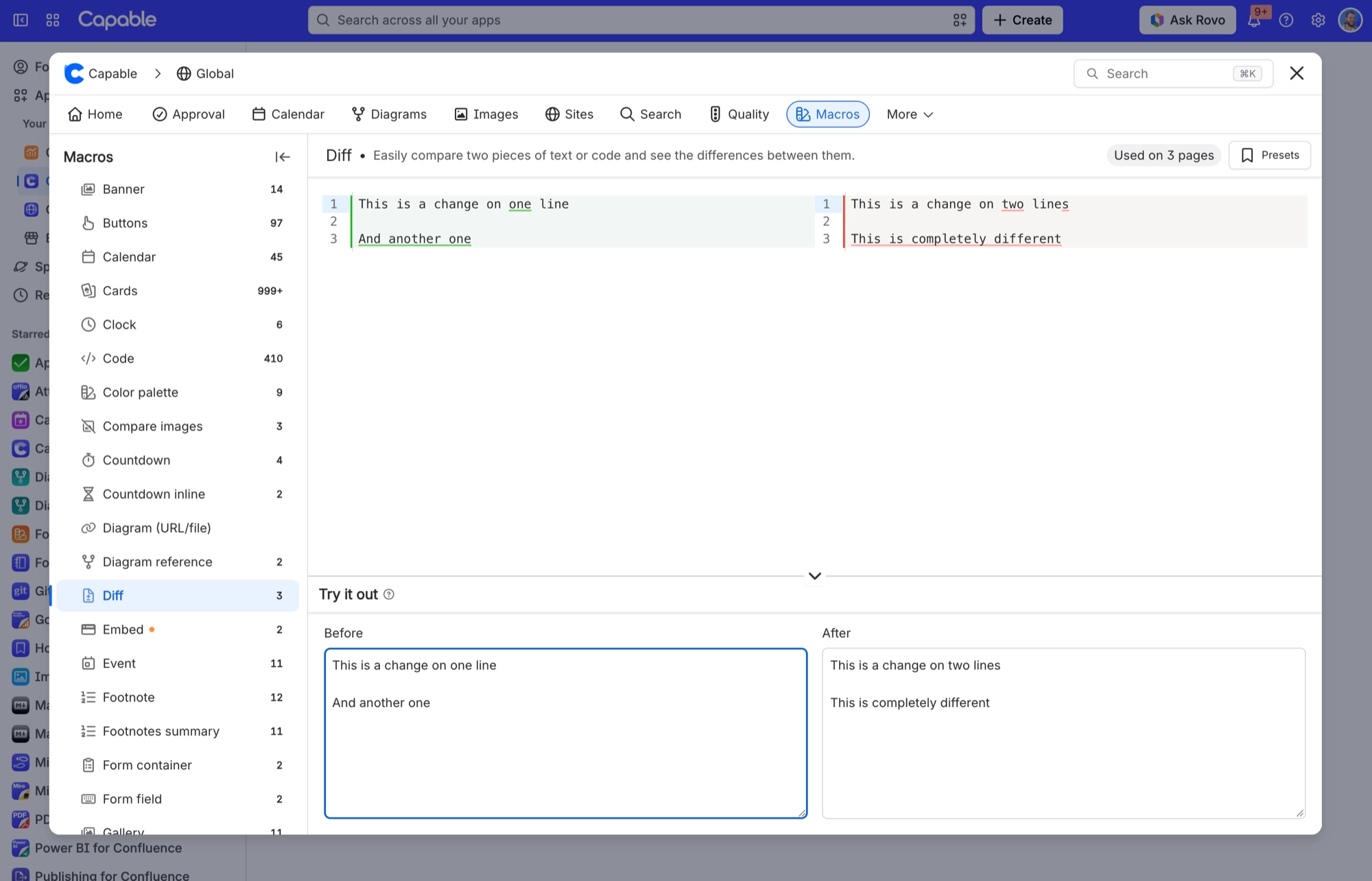 Capable app Macros tab with Diff selected, showing a side by side preview of two texts and the Before and After boxes in Try it out
