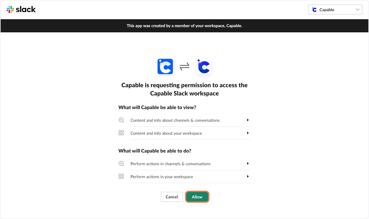 The Slack authorisation screen listing what Capable will be able to view and do, with Cancel and Allow buttons.