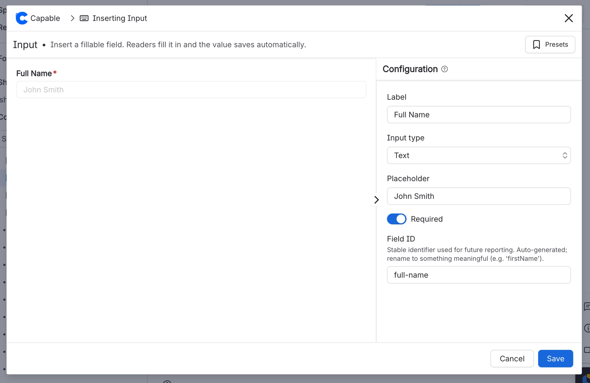 The Input configuration dialog showing a Full Name preview on the left and, on the right, Label set to Full Name, Input type Text, Placeholder John Smith, Required switched on and Field ID set to full