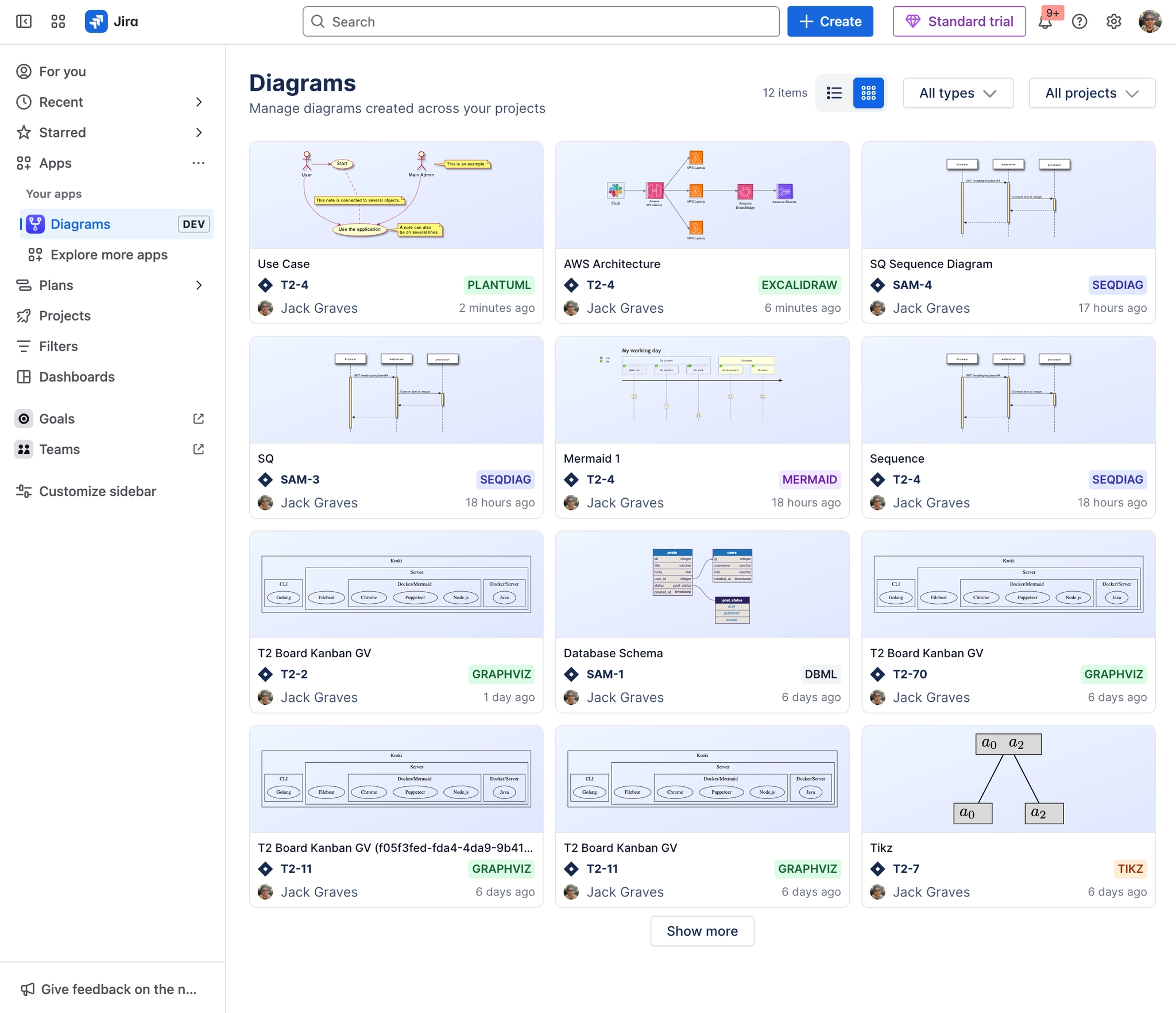 The Diagrams page in grid view, showing twelve cards, each with a diagram thumbnail, a name, an issue key, a language label such as PLANTUML or MERMAID, the author and when it was created.