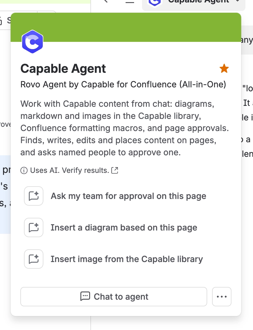 Capable Agent profile card with its description, suggested prompts and a Chat to agent button