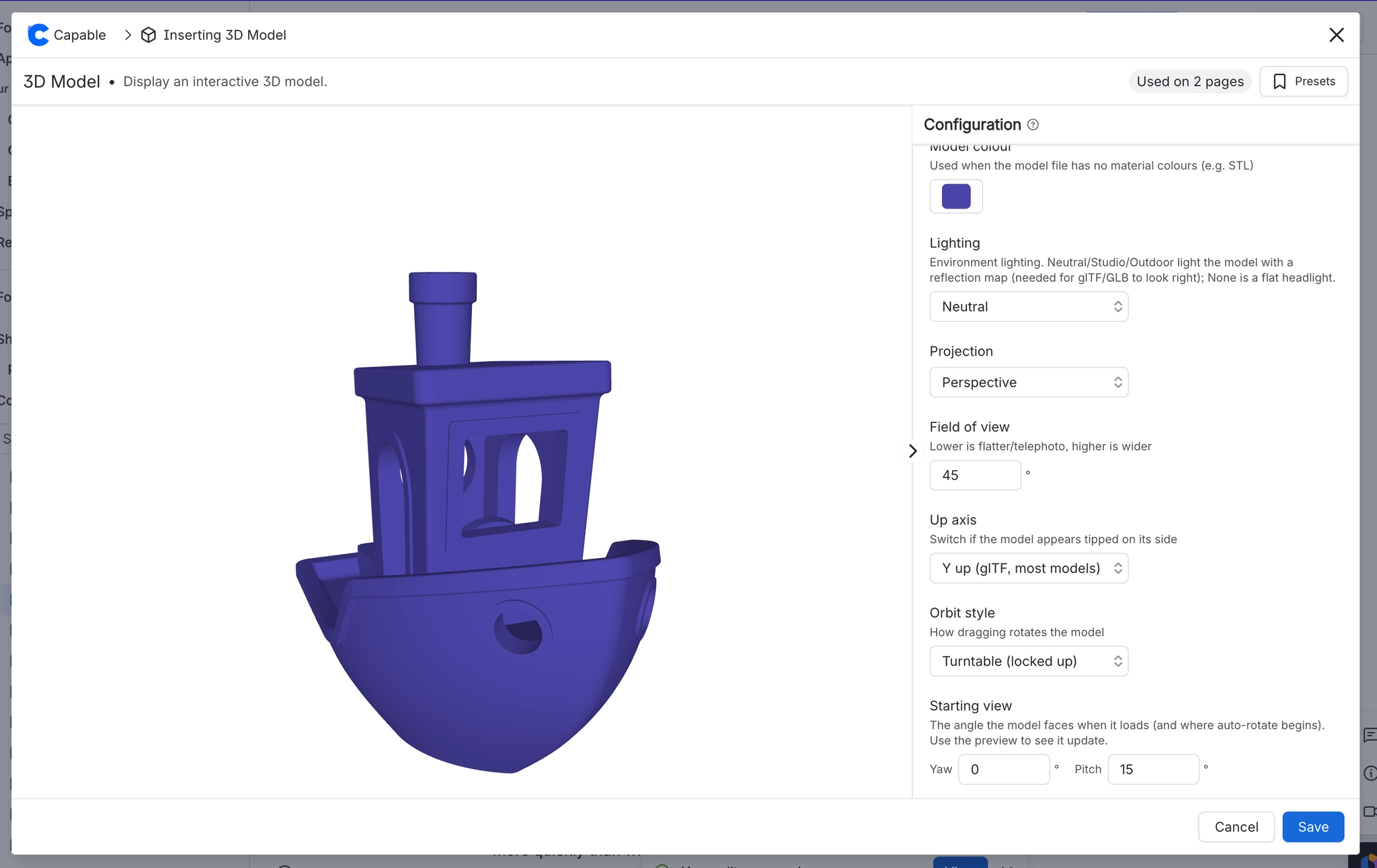 The 3D Model configuration modal showing a purple boat model on the left and viewing options such as model colour, lighting, projection, field of view, up axis, orbit style and starting view on the ri