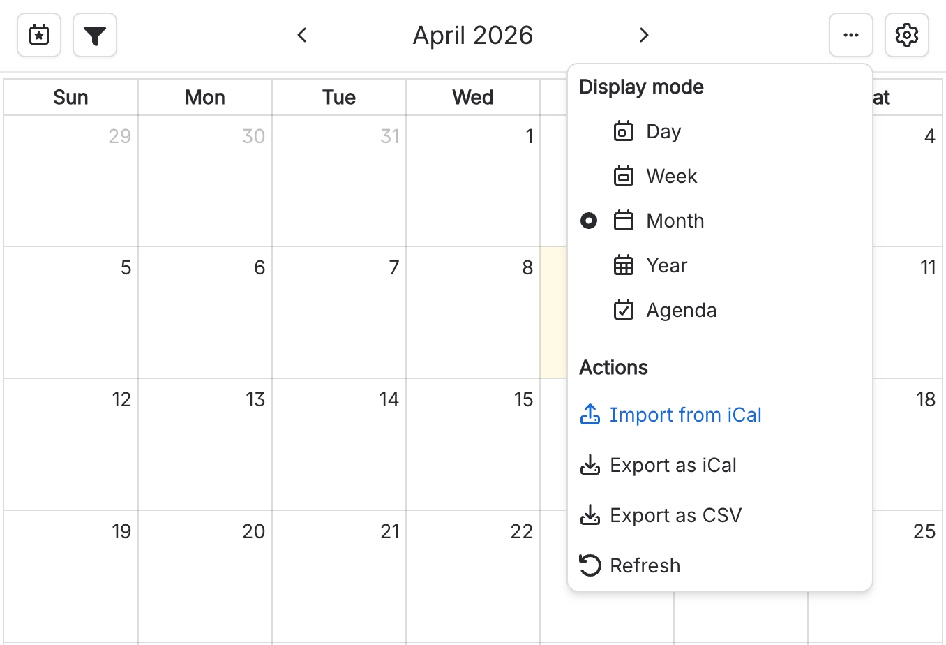 A calendar overflow menu open over an April month grid, showing display mode options and an Actions group beginning with Import from iCal, followed by Export as iCal, Export as CSV and Refresh.