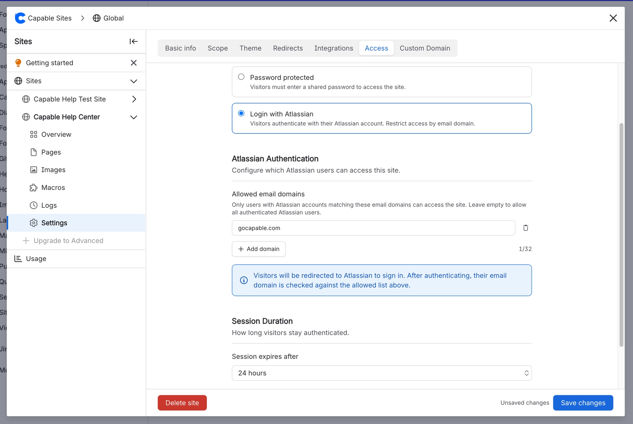 Access settings with Login with Atlassian selected and an allowed email domains list holding a single domain.