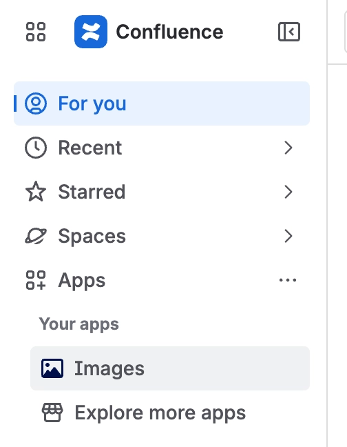 Confluence left sidebar with Apps expanded and Images listed beneath Your apps.