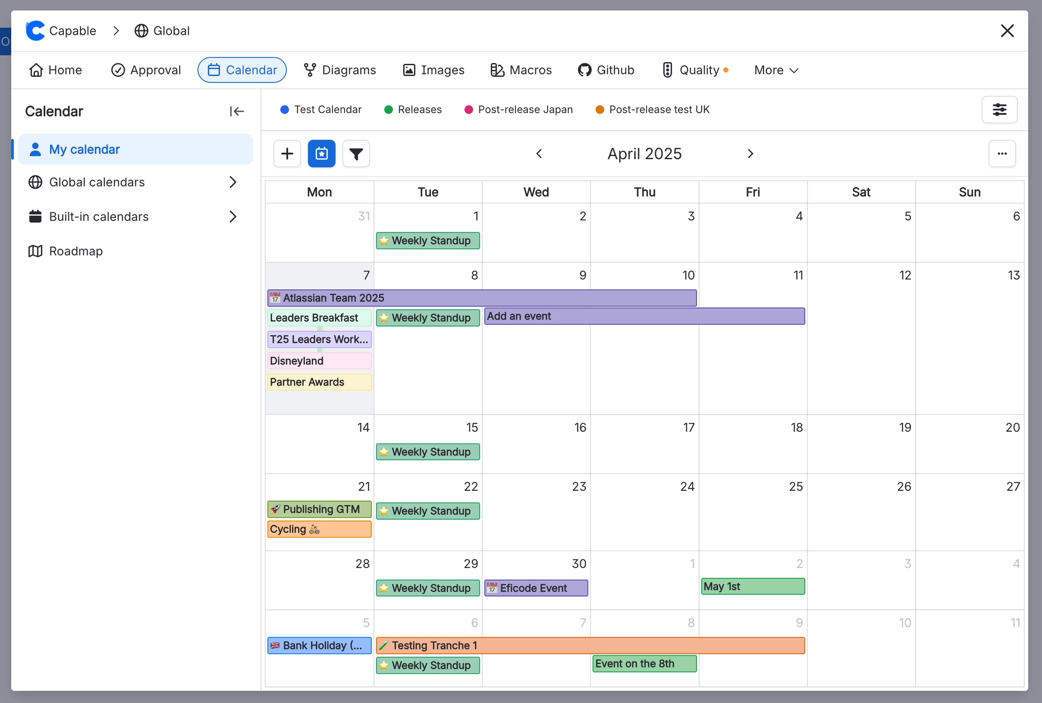 The Capable Calendar page with My calendar selected in the left rail, a legend naming four source calendars, and an April month grid of events drawn from them.