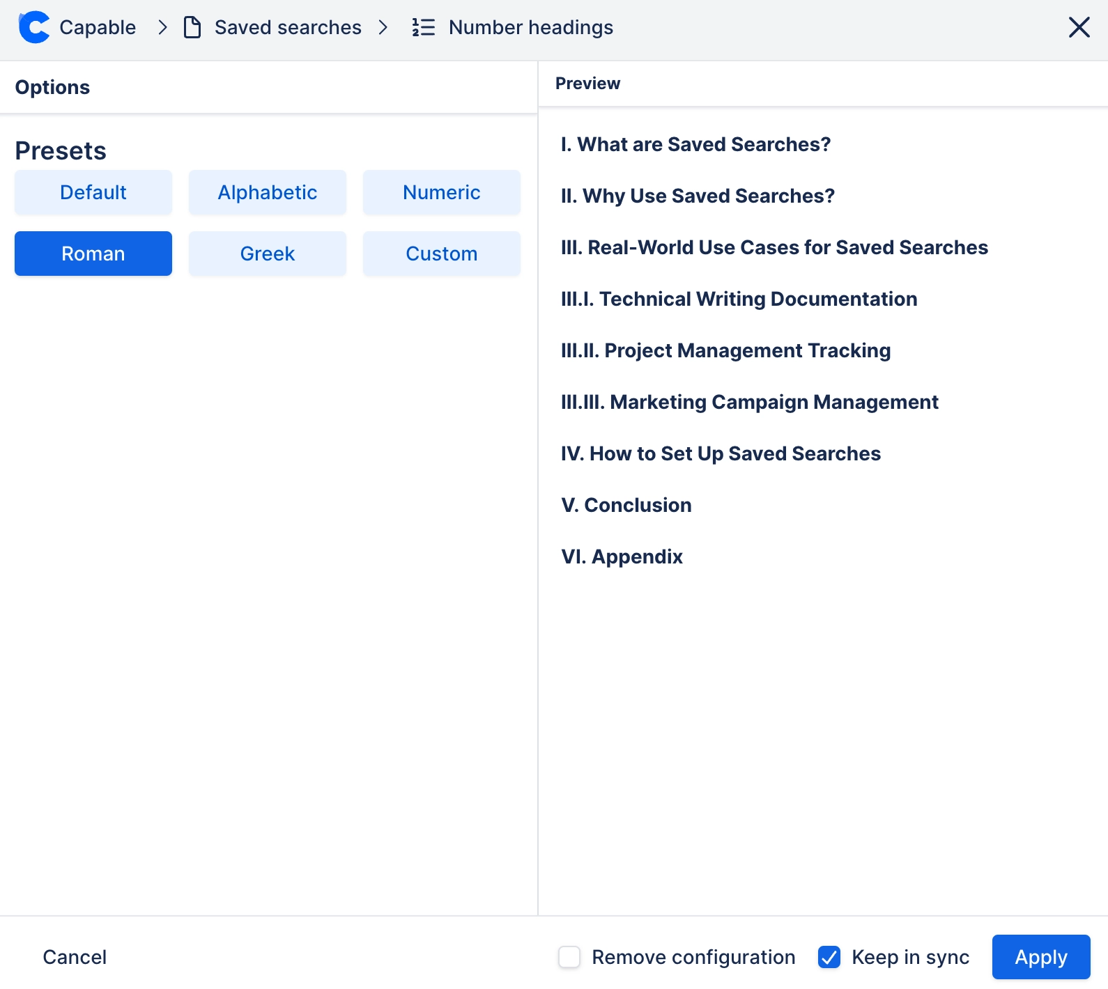 Roman numbered headings in Confluence