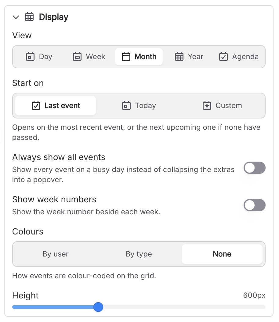 Calendar macro Display settings, with the Height slider at the bottom set to its default of 600px