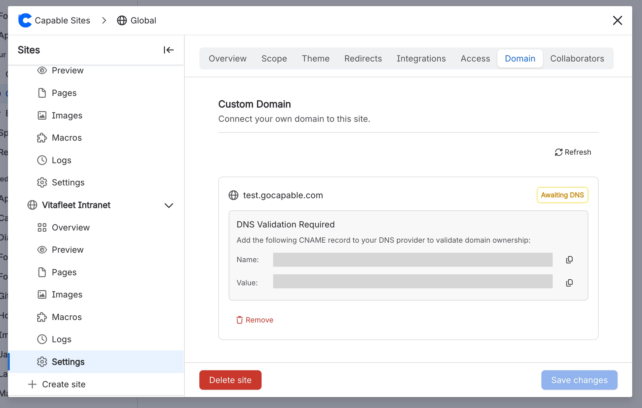 A pending custom domain showing a DNS Validation Required panel with a CNAME name and value, each with a copy button.