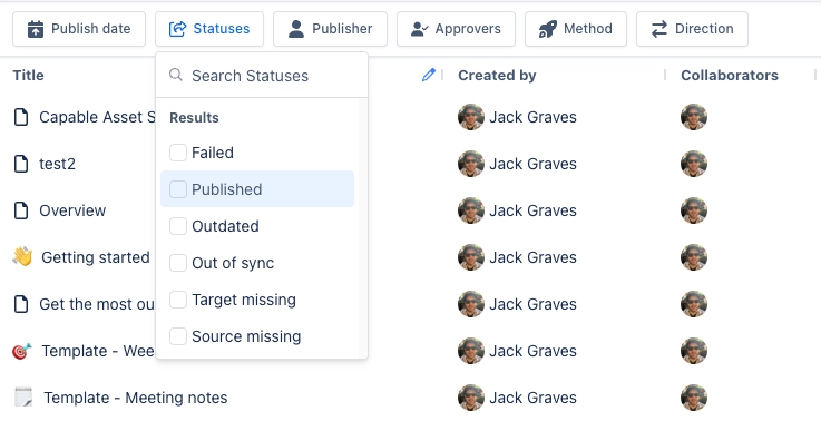 Capable Search filter bar with Publish date, Statuses, Publisher, Approvers, Method and Direction buttons, and the Statuses menu open listing Failed, Published, Outdated, Out of sync, Target missing a