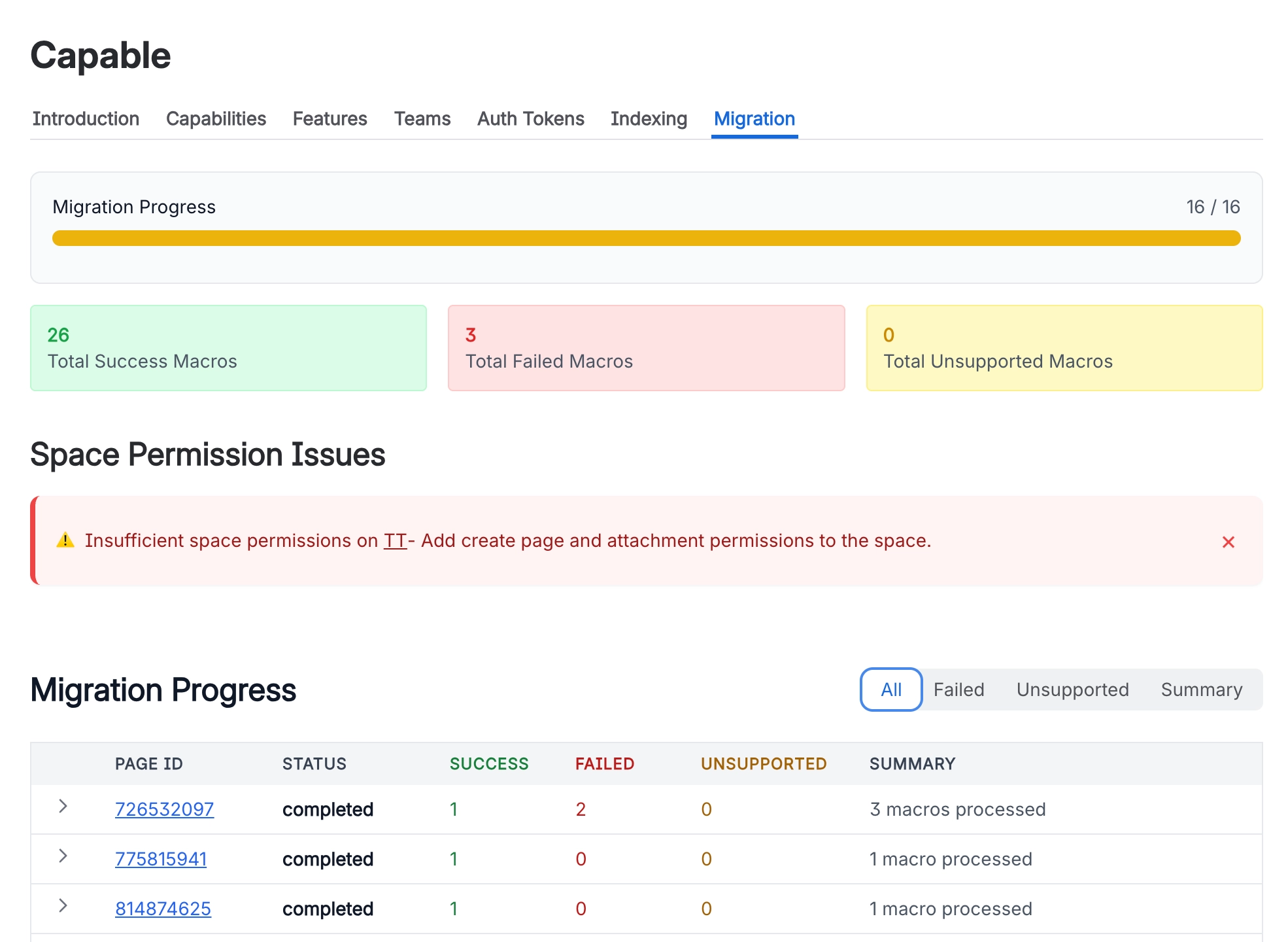 A migration results screen with a progress bar reading sixteen of sixteen, counters showing twenty six successful, three failed and no unsupported macros, a red warning about insufficient space permis