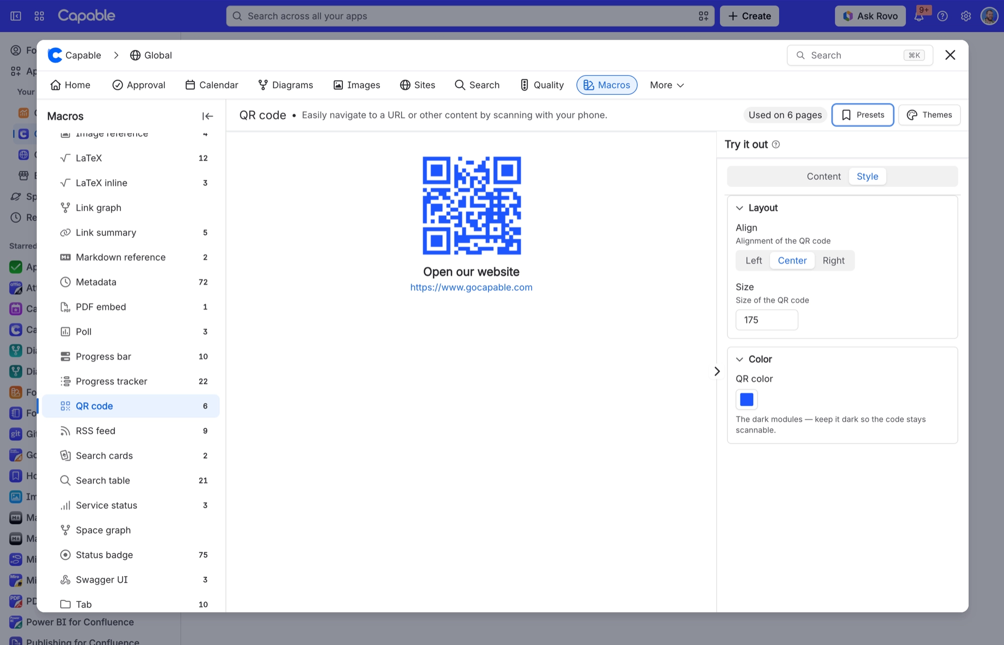 QR code macro Style tab with alignment set to Center, size 175 and a blue QR color, previewing a blue QR code