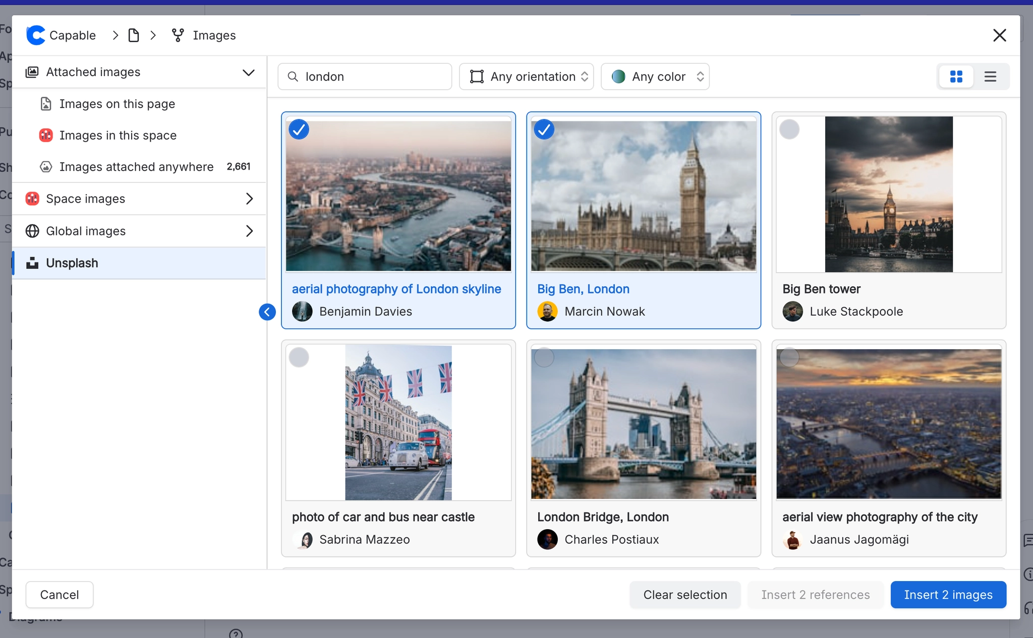 Unsplash search for london inside the insert dialog with two photographs ticked, Insert 2 references greyed out and Insert 2 images available.