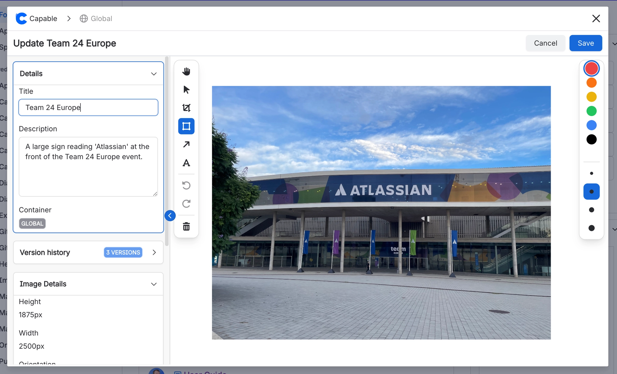 Update screen for a library image with title and description fields, a Global container label, a version history panel showing three versions, and an editing tool rail beside the photograph.