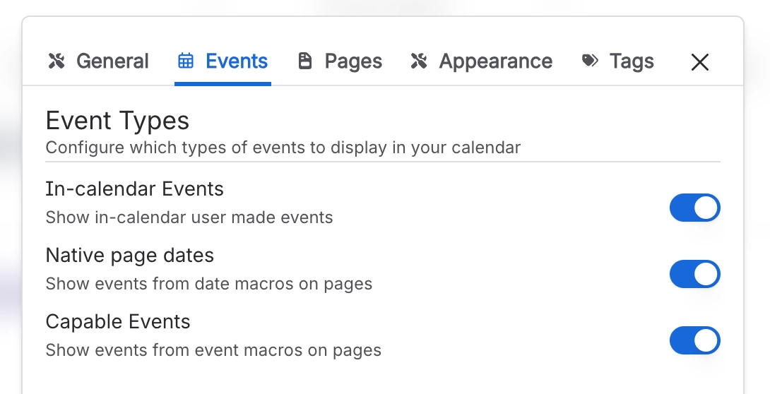 The calendar configuration dialog on the Events tab, headed Event Types, with switches for In-calendar Events, Native page dates and Capable Events, all turned on.