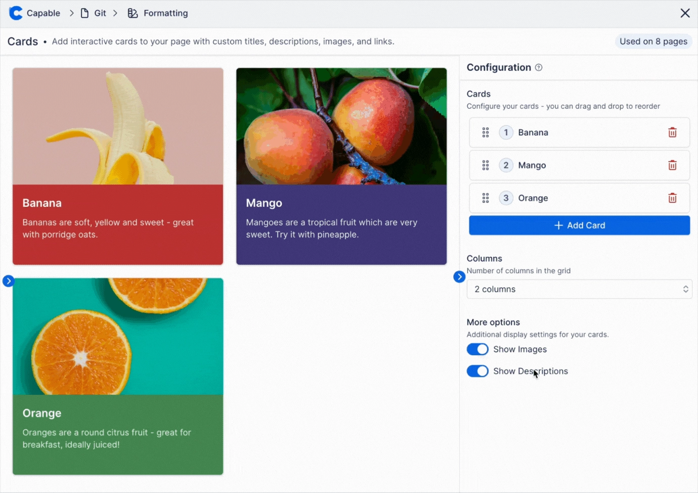 The Cards macro configuration modal showing three fruit cards previewed on the left and a card list, a column count and show images and show descriptions toggles on the right.
