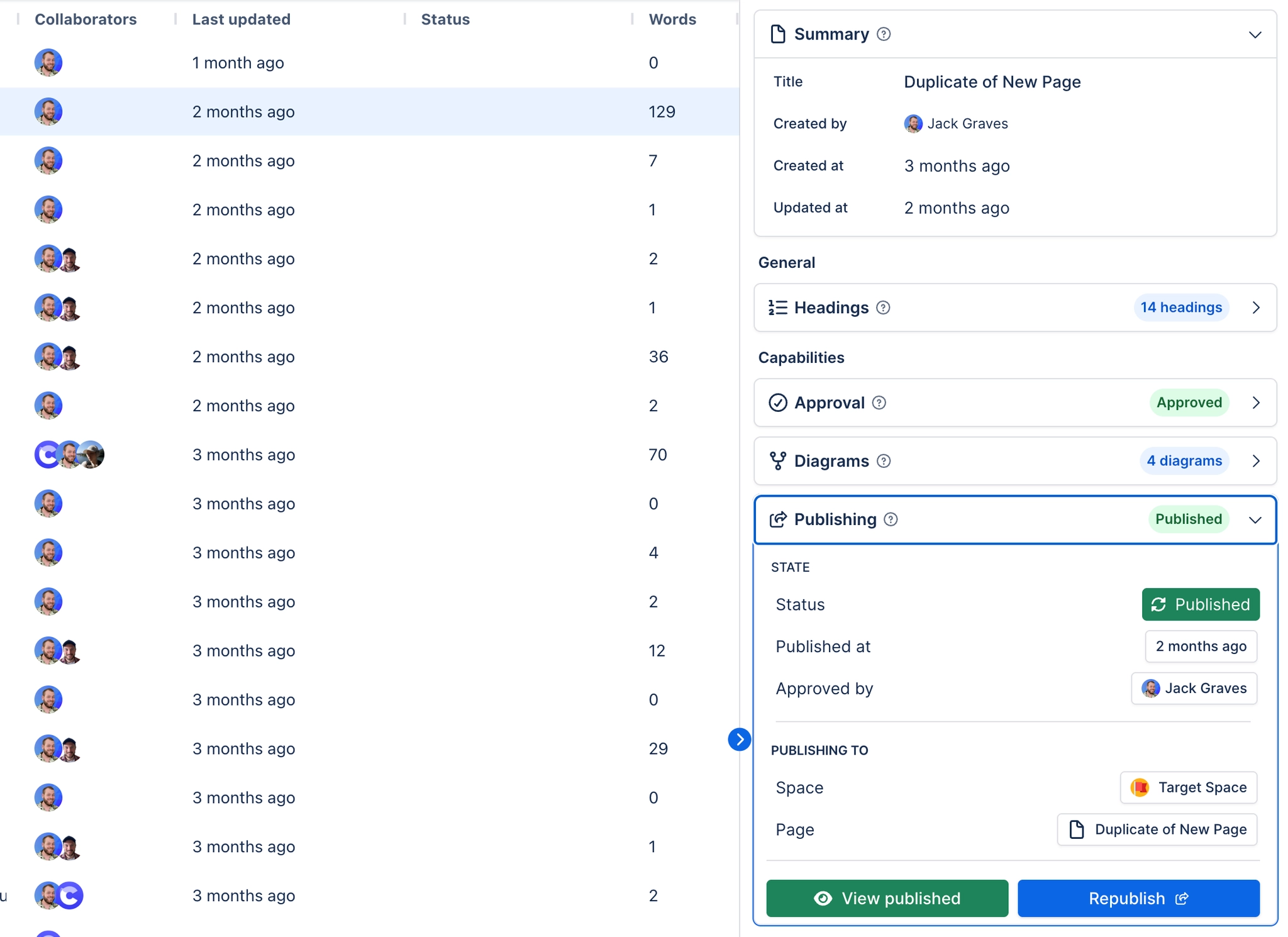 Capable Search results with a detail sidebar open, showing a summary, a headings count and capability sections for Approval, Diagrams and Publishing, the last expanded to show status Published, publis