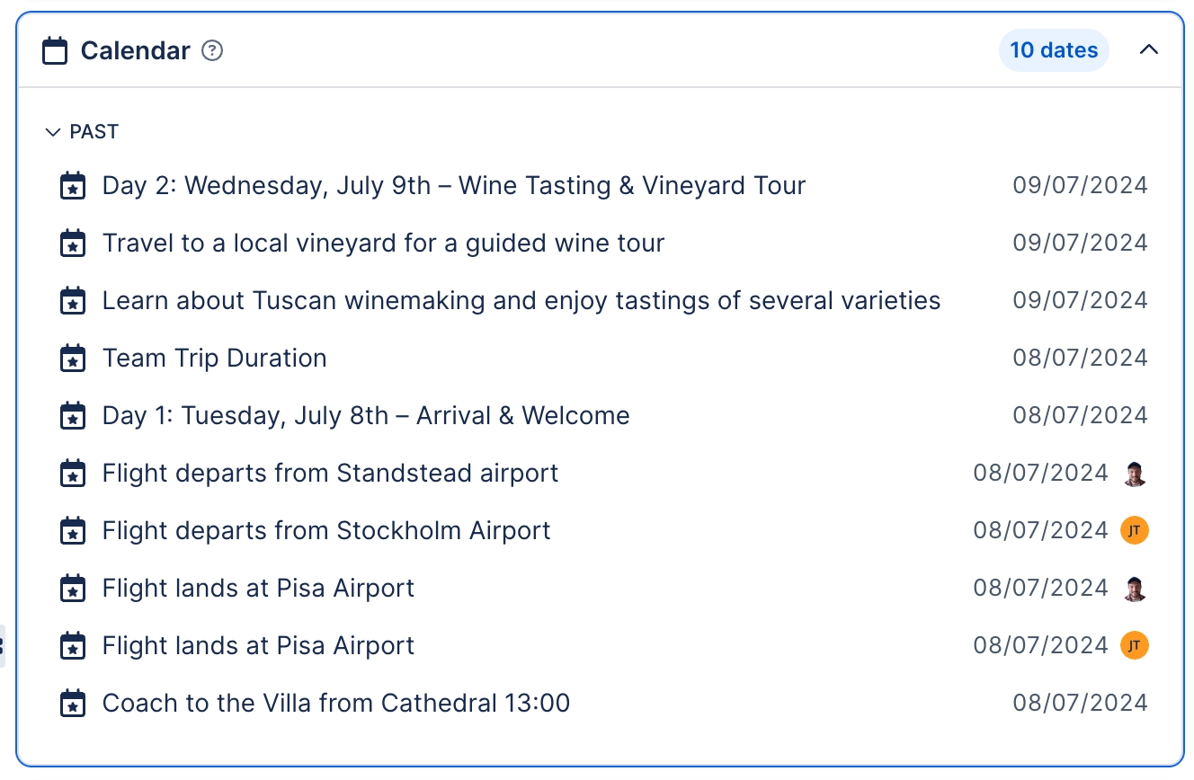 The Calendar panel in a search side panel, headed ten dates, with a Past group listing entries such as a vineyard tour, a team trip duration and several flights, each with a date and some with a small