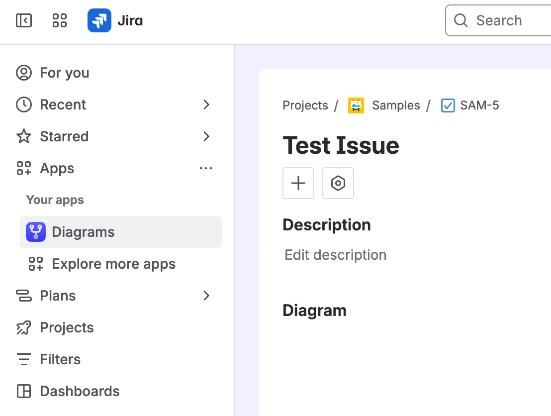 The Jira left sidebar with Apps expanded and Diagrams listed under Your apps, next to an open issue that has a Diagram section.