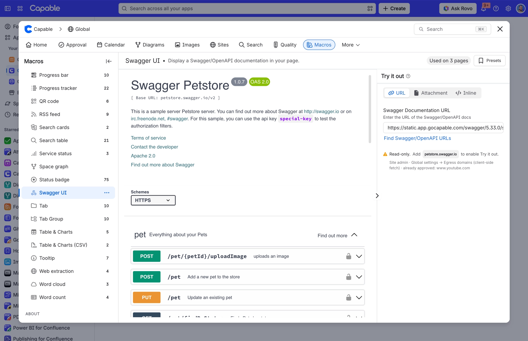 Swagger UI macro previewing the Petstore API, with the URL source selected and a read only notice about enabling Try it out