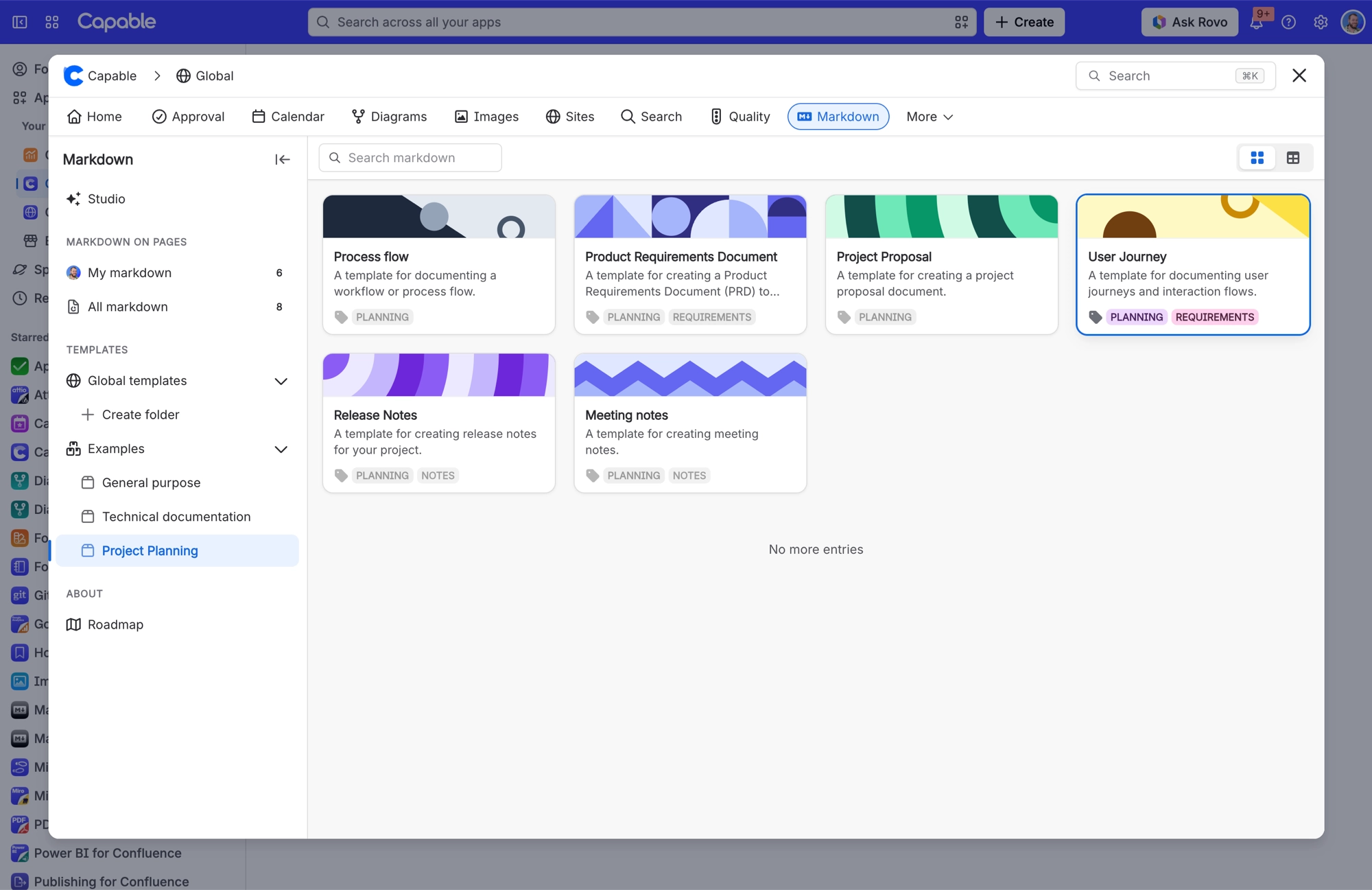 Capable Markdown library in the global container, with Global templates and Examples in the left sidebar and a grid of template cards