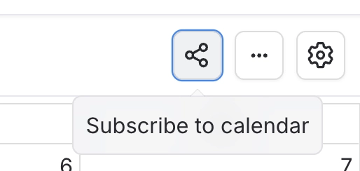 A close up of a calendar toolbar showing a highlighted share button with the tooltip Subscribe to calendar, next to an overflow button and a settings button.