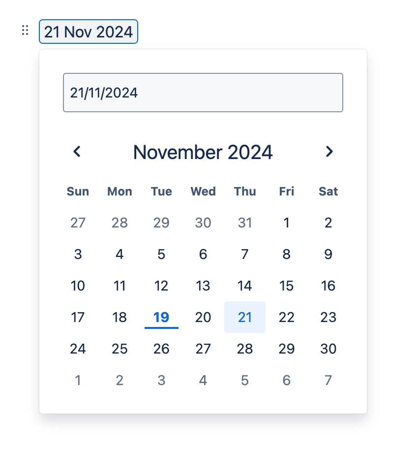 Confluence editor showing a date chip reading 21 Nov 2024 with the date picker open on November 2024.