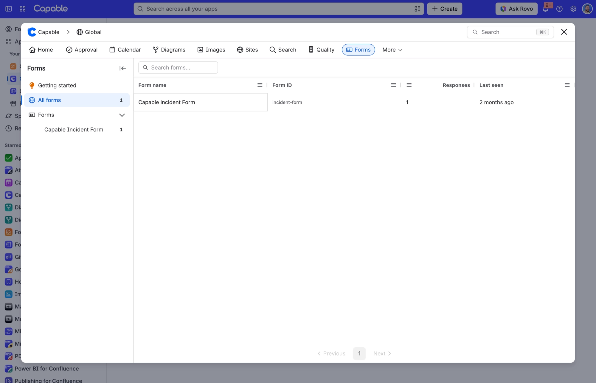 Capable Forms All forms list, with the Form ID column next to each form name, response count and last seen date