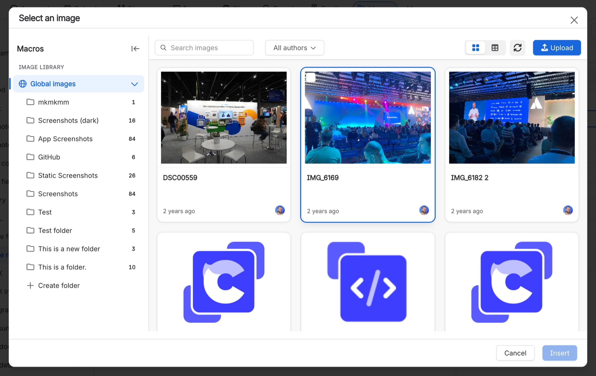Select an image dialog showing the image library folders, search and author filter, and a grid of images with one selected
