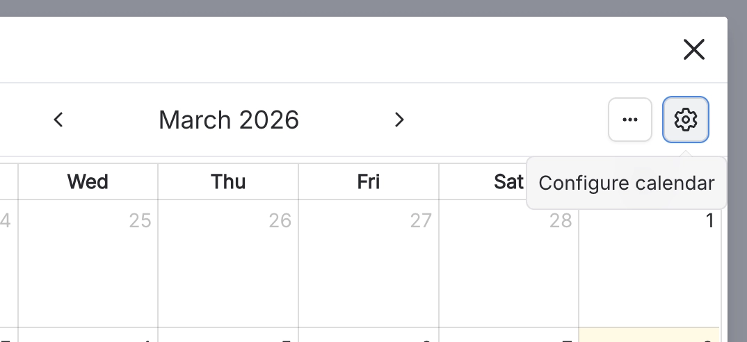 Top right corner of a calendar showing the overflow and gear buttons, with a tooltip reading Configure calendar.