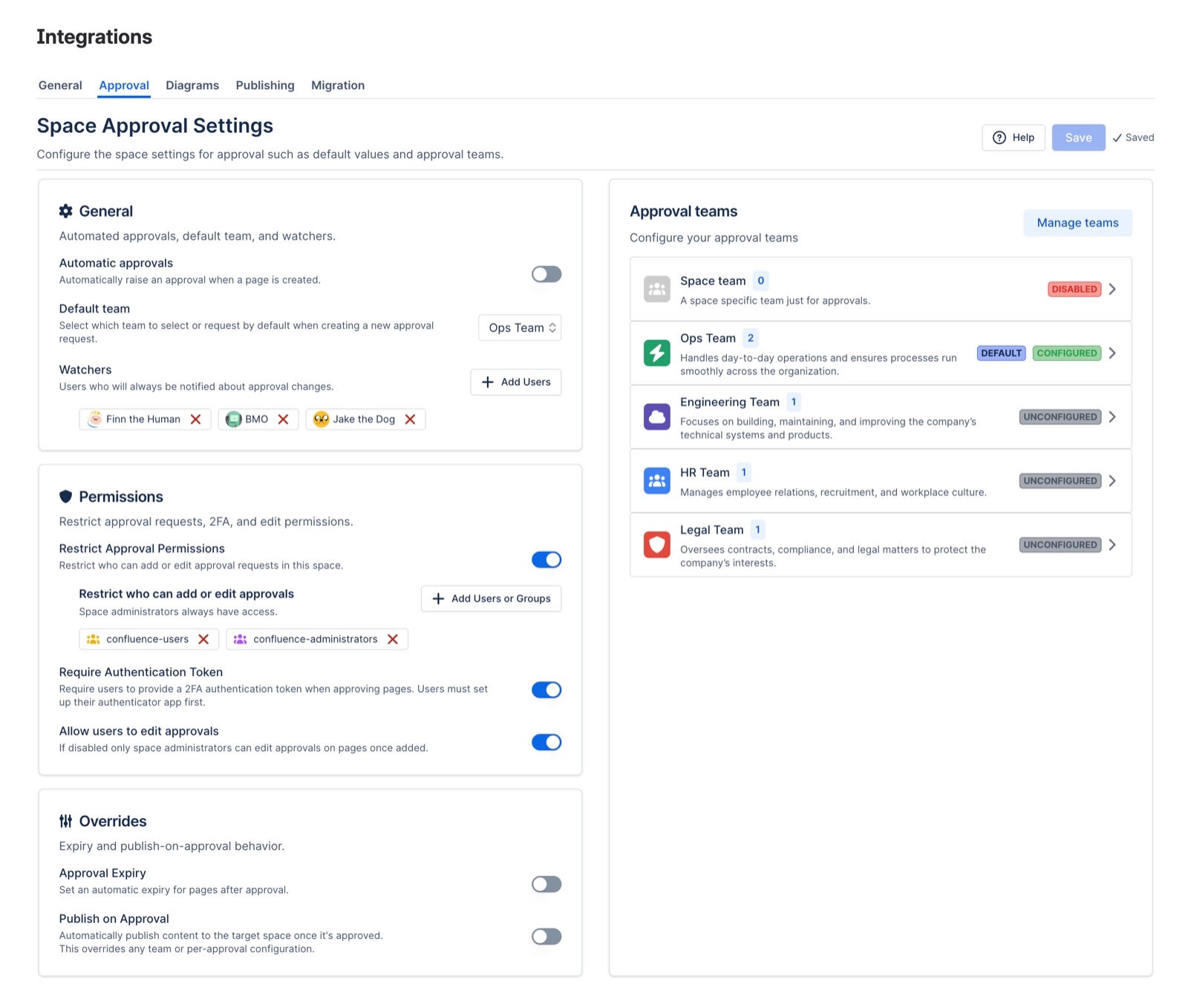 Space Approval Settings with cards for General, Permissions and Overrides, the Overrides card holding Approval Expiry and Publish on Approval toggles, and a list of approval teams on the right.