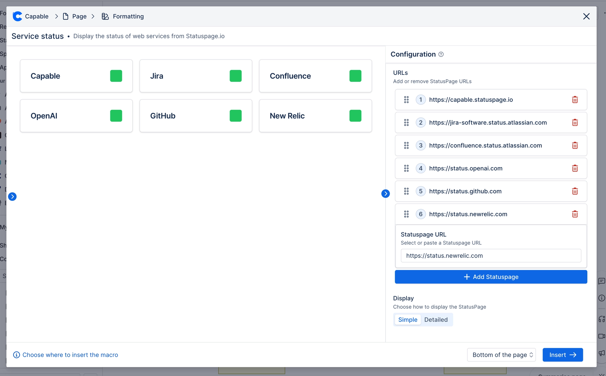 The Capable macro configuration dialog for Service status, previewing six service cards on the left, and on the right a numbered list of six Statuspage URLs with delete buttons, an Add Statuspage butt