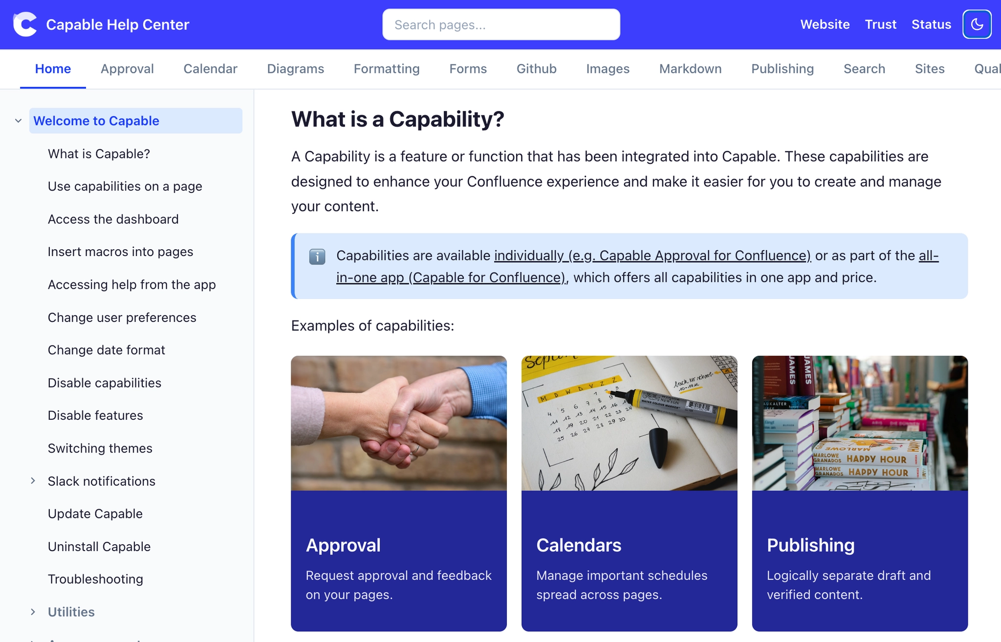 A published help centre with a blue header, a search box, a tab per space, a page tree and an article about capabilities.
