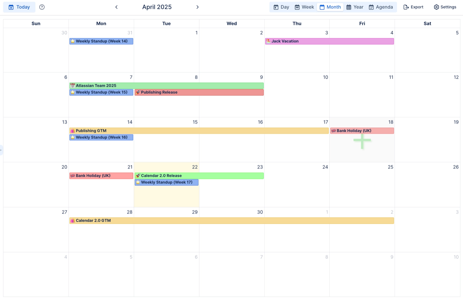 A month view for April 2025 filled with coloured event bars for weekly standups, releases, a bank holiday, a conference and a vacation.