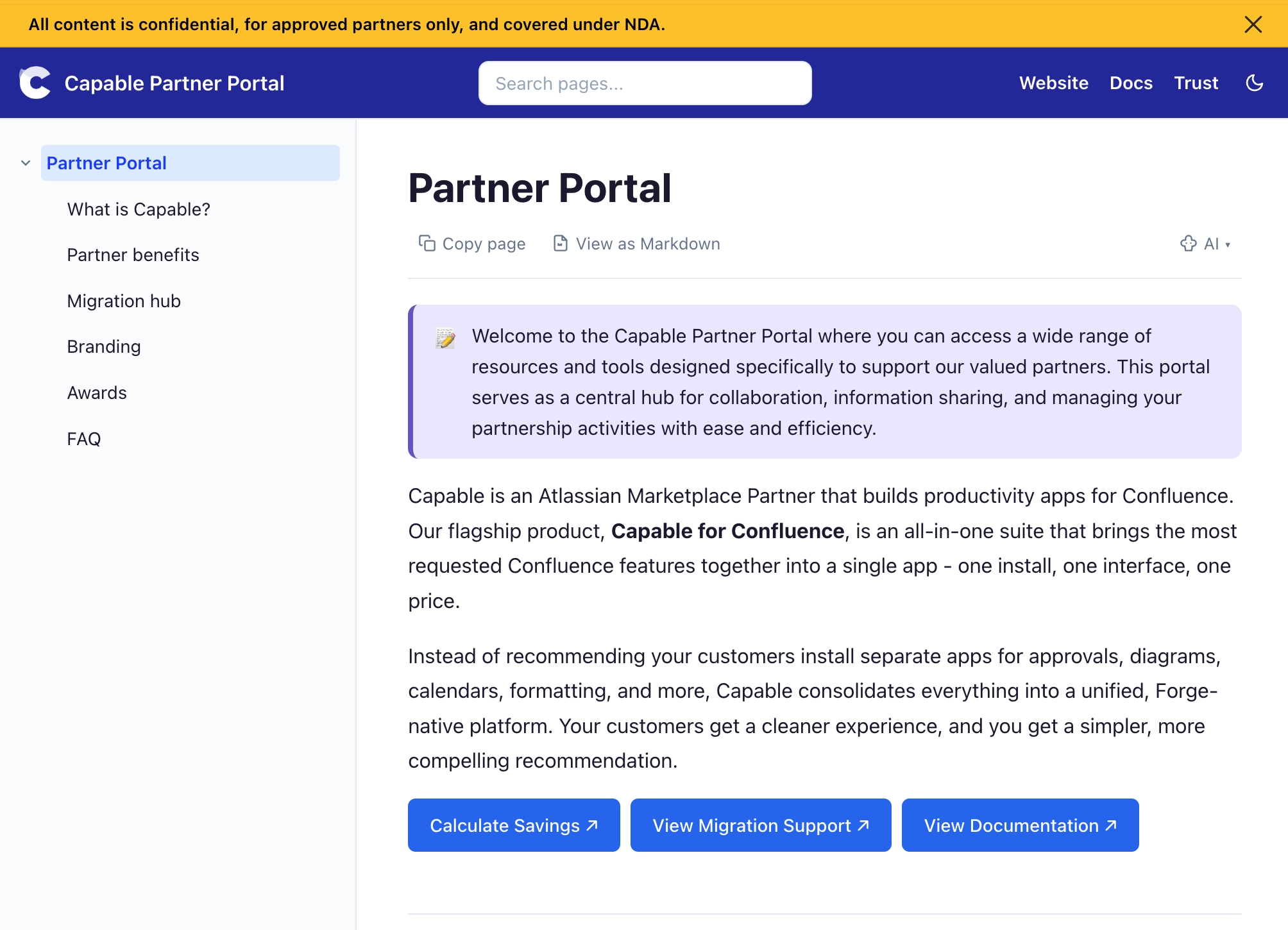 A published partner portal with a yellow confidentiality banner above the header, a page tree and a welcome page.