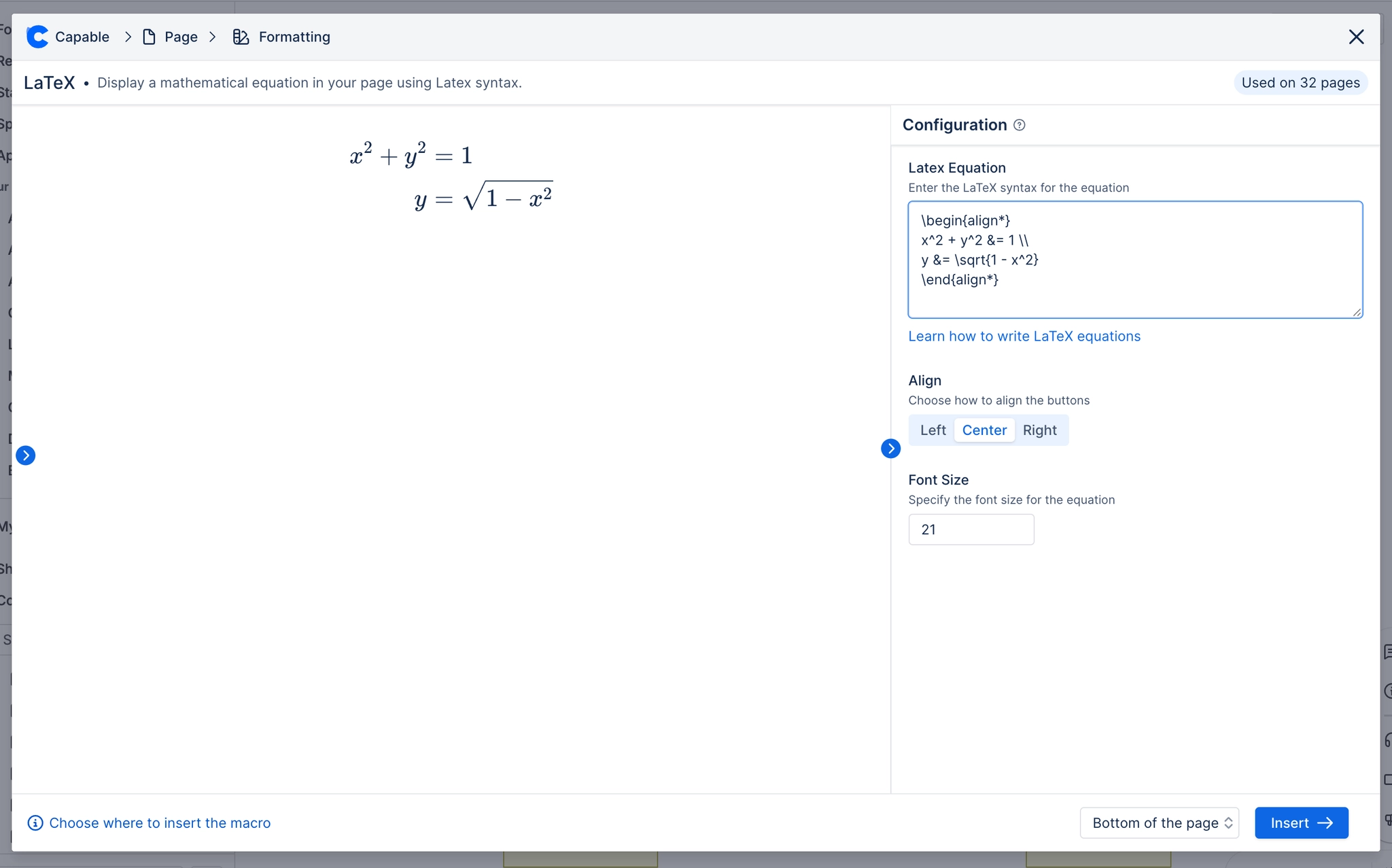 The LaTeX macro's insert window. Two centred equations, x squared plus y squared equals 1 and y equals the square root of 1 minus x squared, preview on the left. The configuration panel on the right h