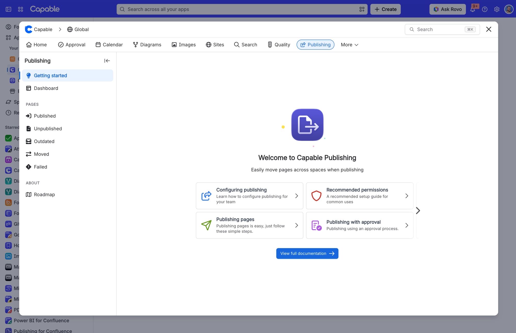 Capable Publishing Getting started screen with the welcome message and cards for configuring publishing, permissions, publishing pages and approval