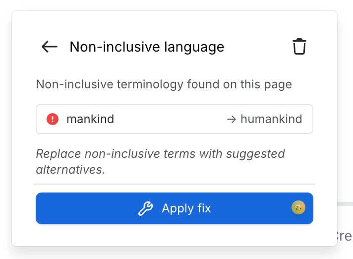 A Non-inclusive language finding panel showing the word mankind with a suggested replacement of humankind, a note that non-inclusive terms should be replaced with suggested alternatives, and a blue Ap