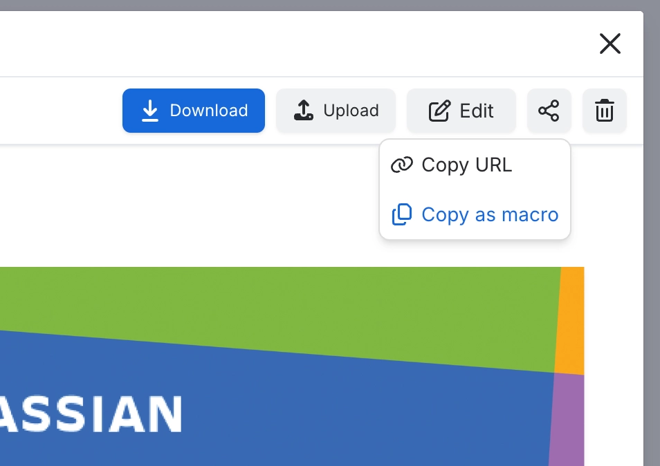 Image detail toolbar with the share menu open, showing Copy URL and Copy as macro.