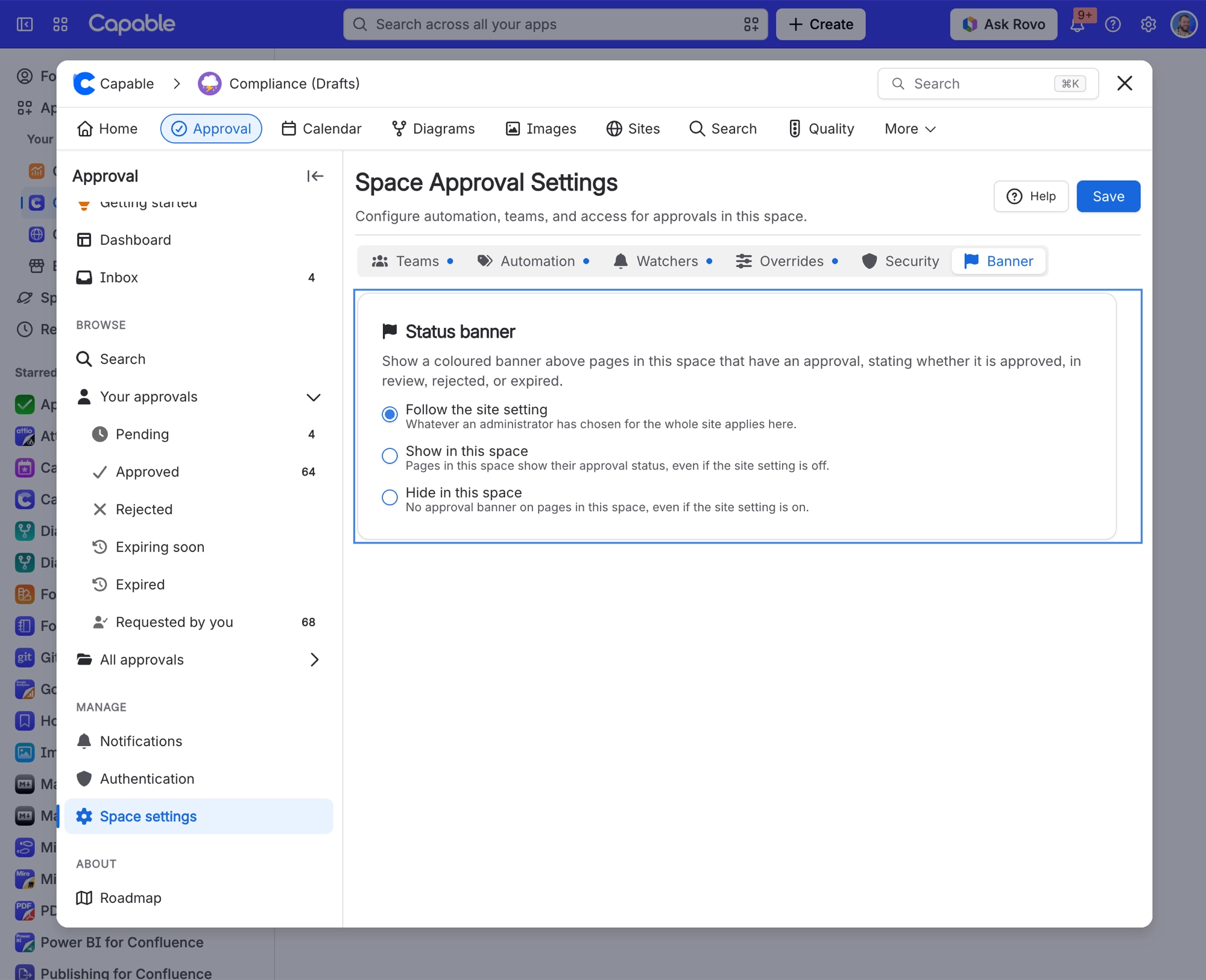 Space Approval Settings Banner tab with options to follow the site setting, show the banner in this space, or hide it in this space