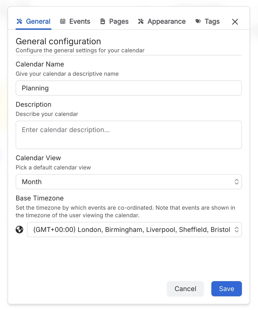 Calendar configuration dialog on the General tab, with fields for calendar name, description, default view and base timezone, and tabs for Events, Pages, Appearance and Tags.