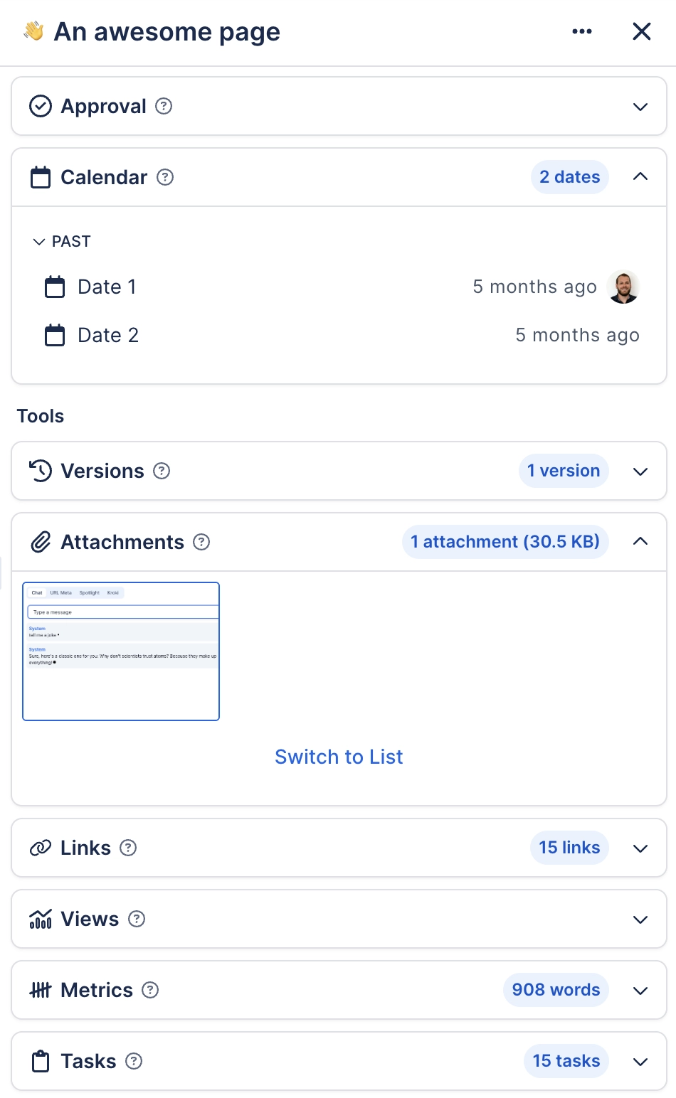 A tall side panel for a page called An awesome page, with Approval collapsed and Calendar expanded to show two dates, then a Tools heading with Versions, an expanded Attachments panel showing one thum
