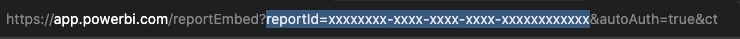A browser address bar showing an app.powerbi.com slash reportEmbed URL with the reportId parameter highlighted, its value masked as a row of x characters.