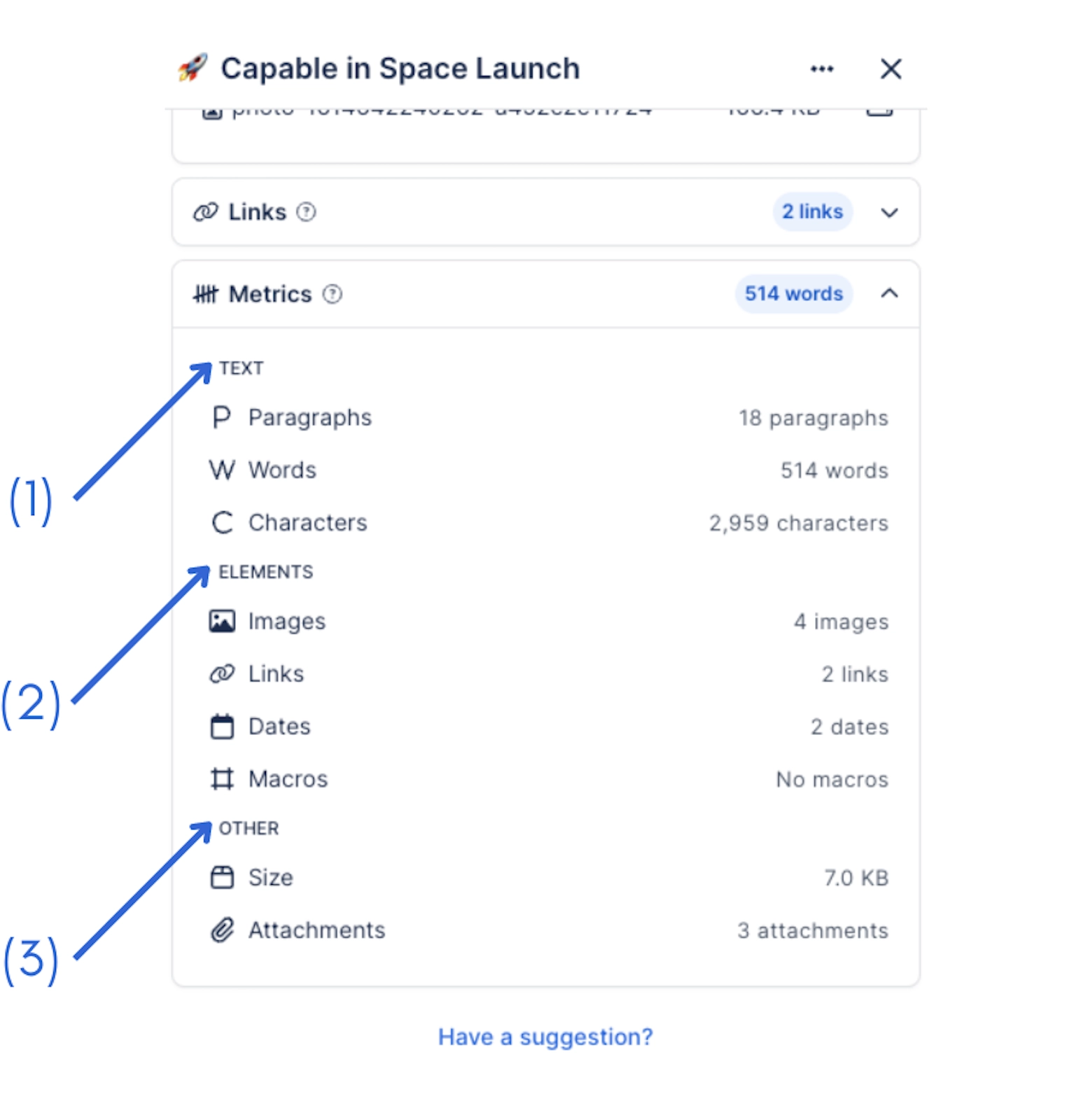 The Metrics panel for a page called Capable in Space Launch, listing 18 paragraphs, 514 words and 2,959 characters under Text, then images, links, dates and macros under Elements, then size and attach