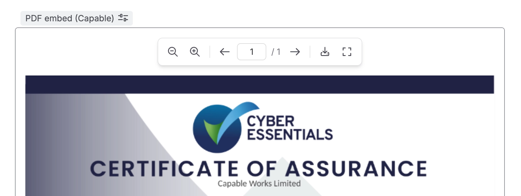 The top of a PDF embed in Slider mode, with a toolbar showing zoom out, zoom in, a back arrow, a page number box reading 1 of 1, a forward arrow, download and fullscreen.